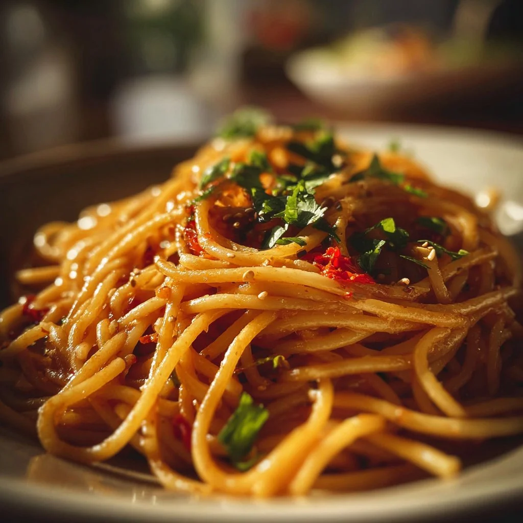 Plate of flavorful Garlic Noodles garnished with parsley and garlic