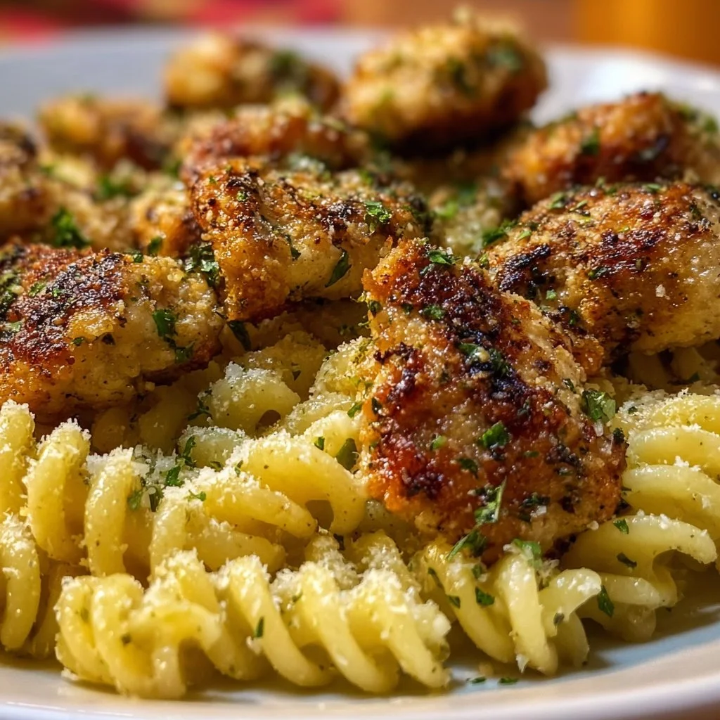 Garlic Parmesan Chicken Bites served with creamy rotini pasta dish