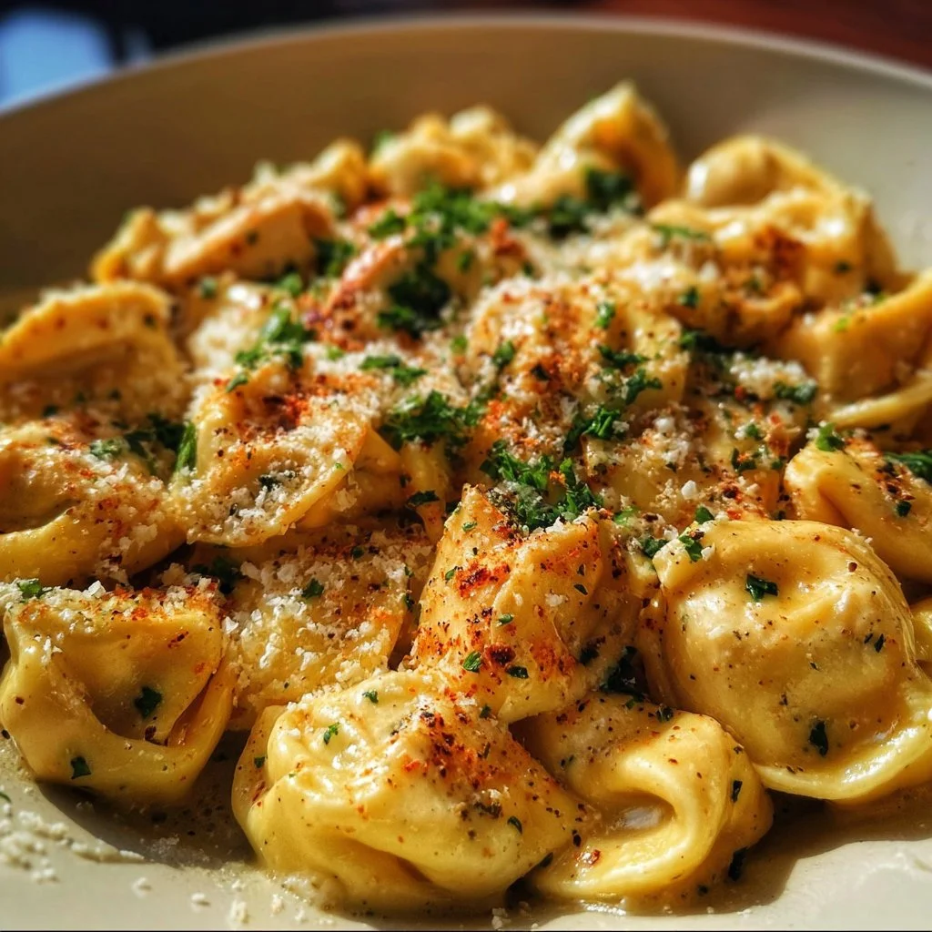 Delicious Garlic Parmesan Chicken Tortellini with creamy sauce and fresh herbs