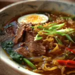 Delicious bowl of Ginger Beef Noodle Soup with fresh herbs and spices