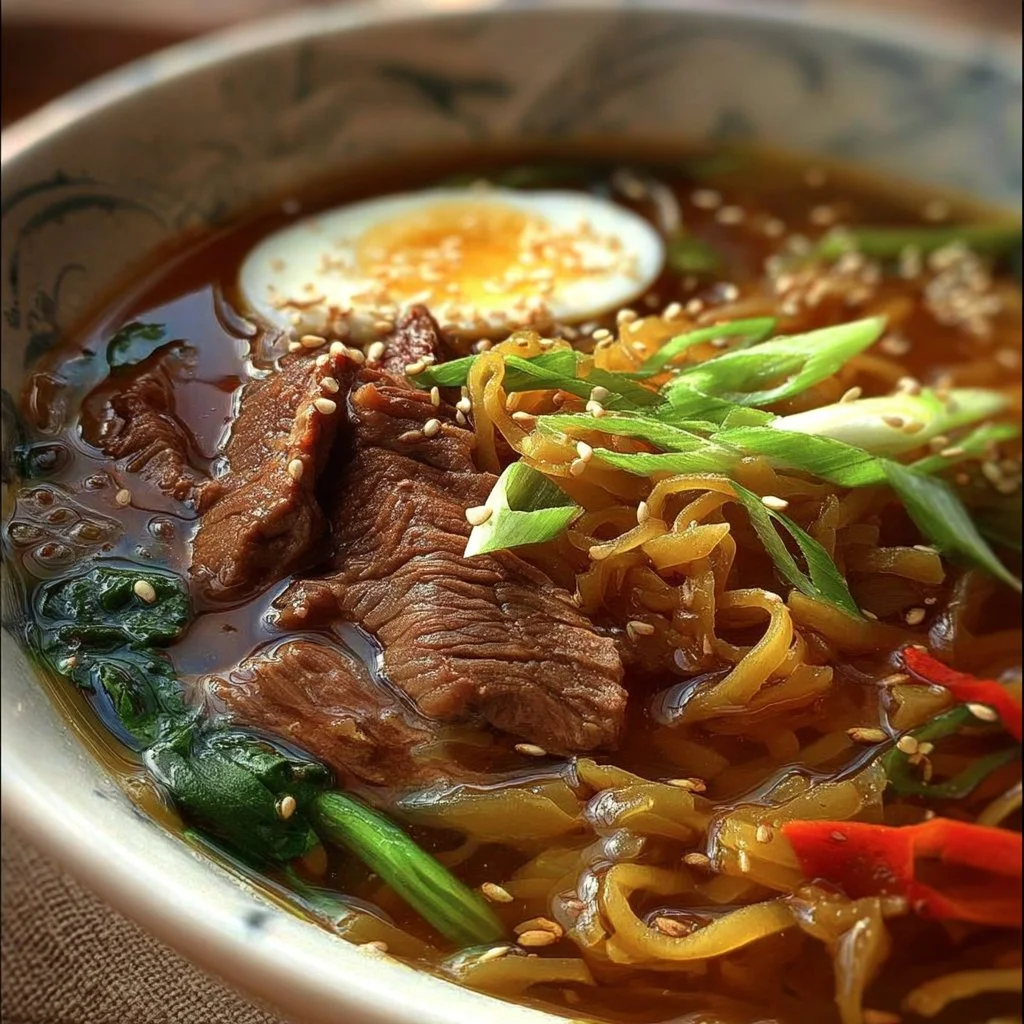 Delicious bowl of Ginger Beef Noodle Soup with fresh herbs and spices
