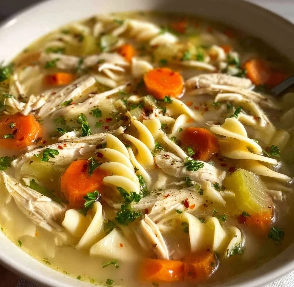 Bowl of gluten-free chicken noodle soup with fresh ingredients