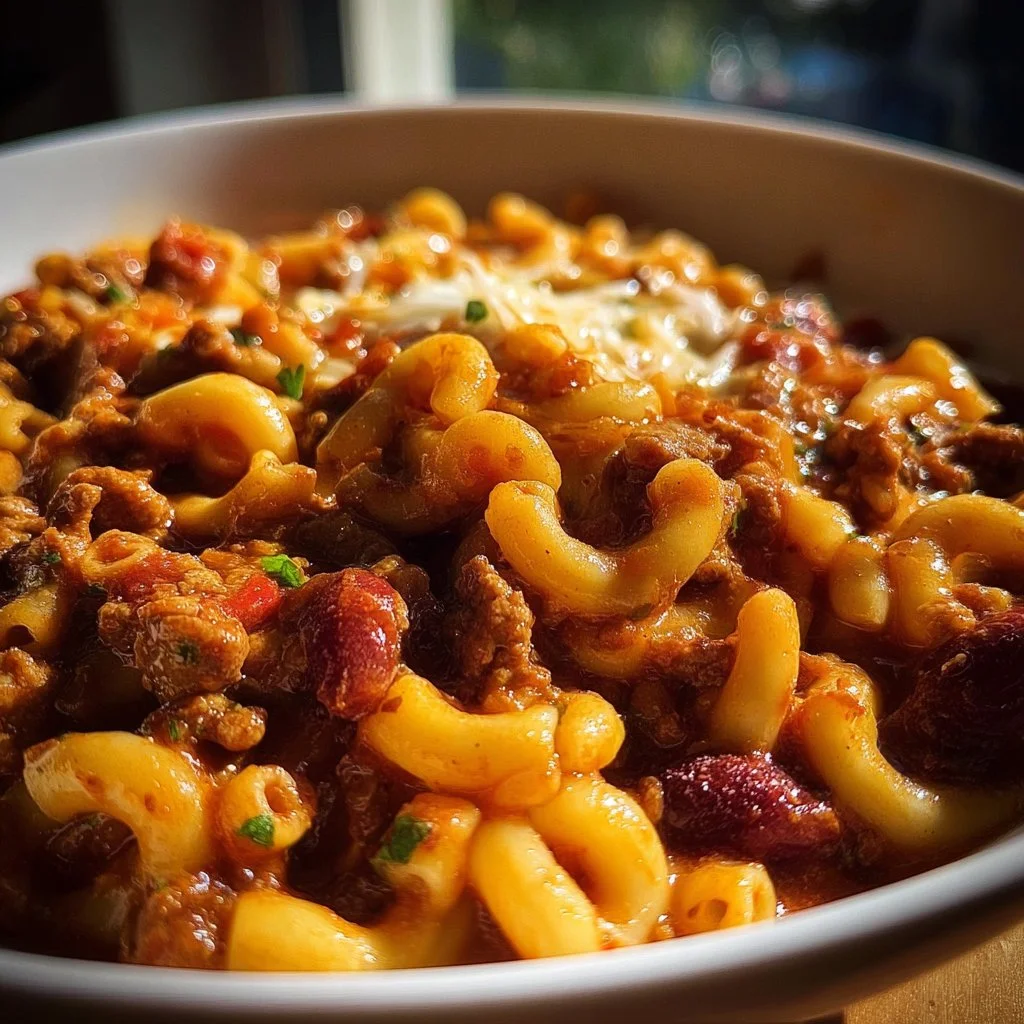 Bowl of Gramma's Old-Fashioned Chili Mac topped with cheese and herbs
