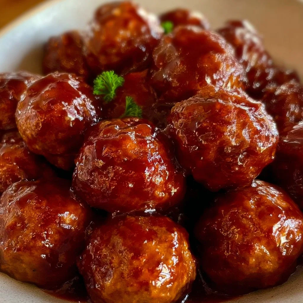 Delicious grape jelly meatballs served on a platter for a tasty appetizer.