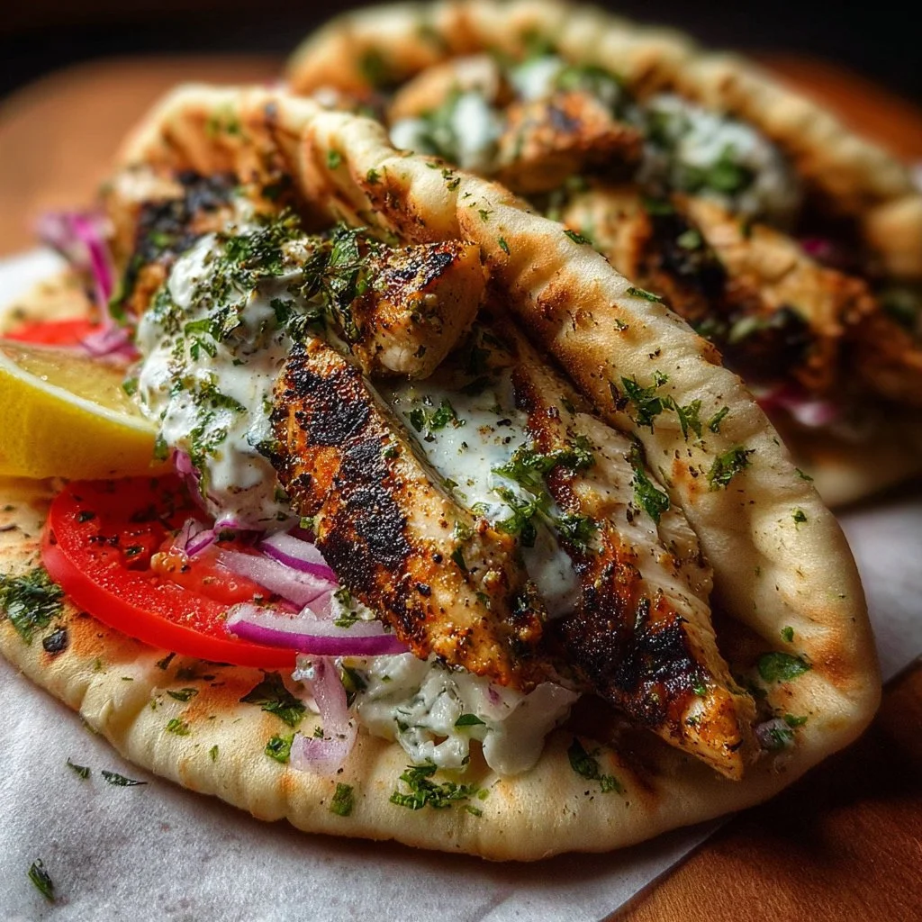 Delicious Greek Chicken Gyros with lemon-herb marinade served in pita