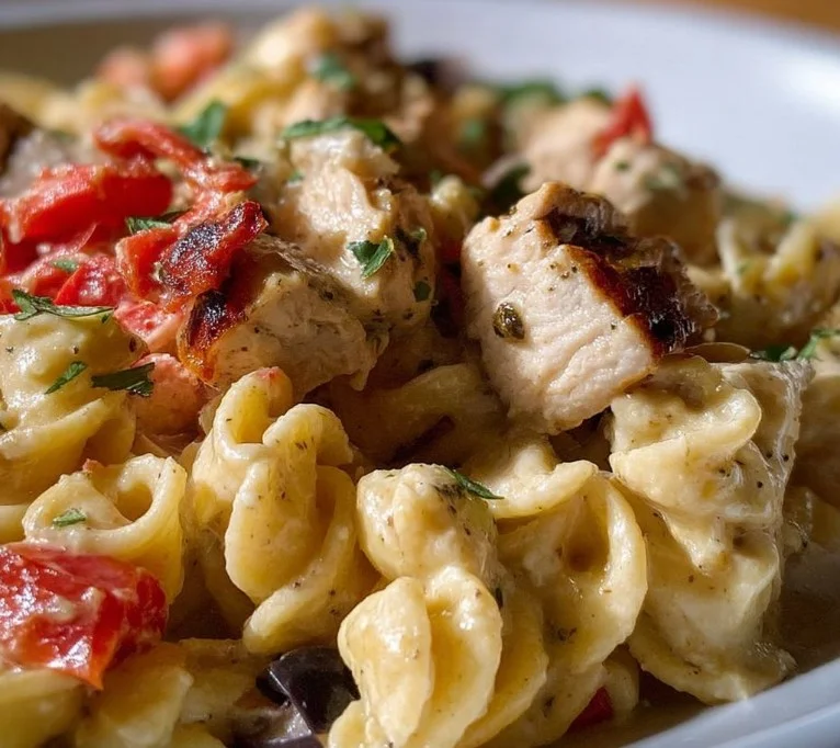 A plate of Greek Chicken Pasta garnished with olives, feta cheese, and fresh herbs