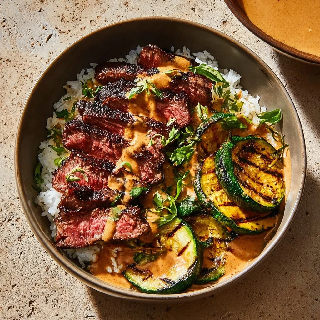Grilled steak bowl with smoky zucchini and herb sauce, garnished with fresh herbs.