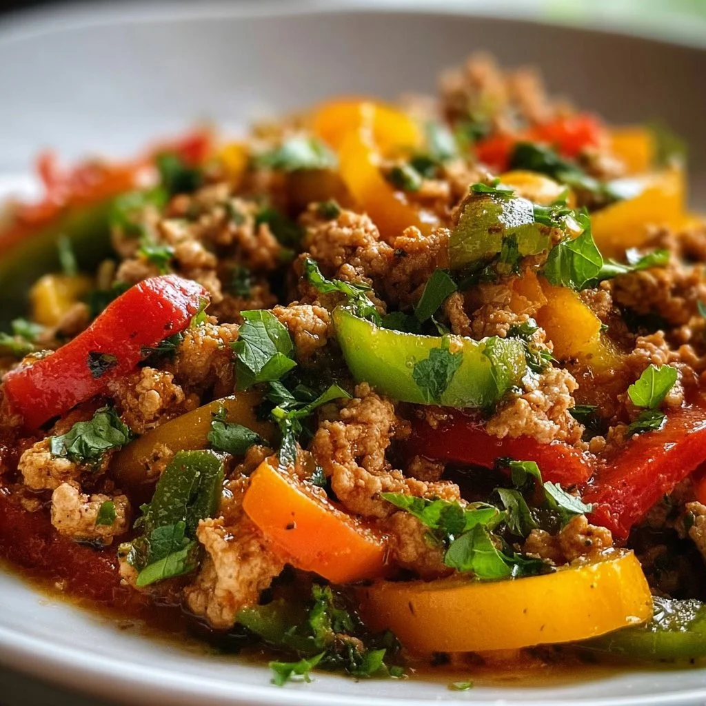 Ground turkey stir-fried with colorful peppers in a skillet