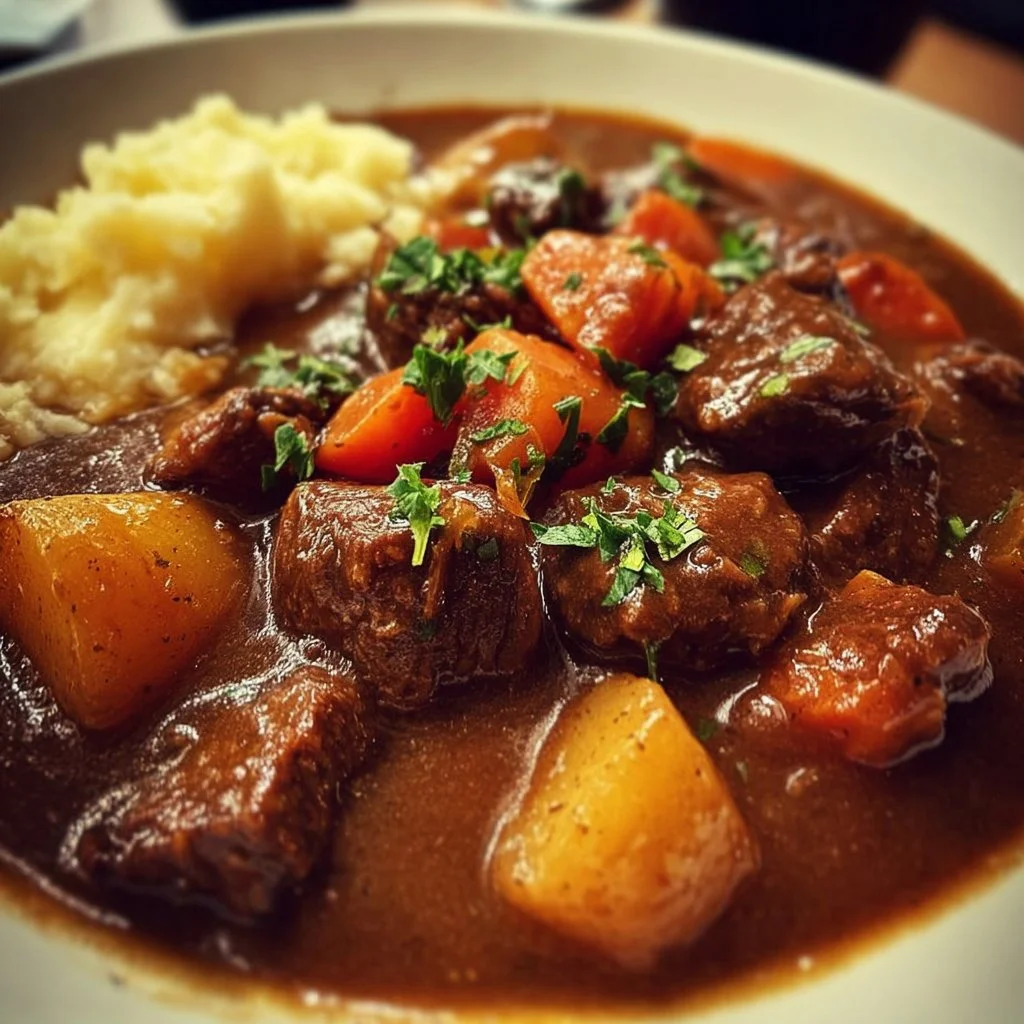 A delicious bowl of Guinness Beef Stew with vegetables and herbs