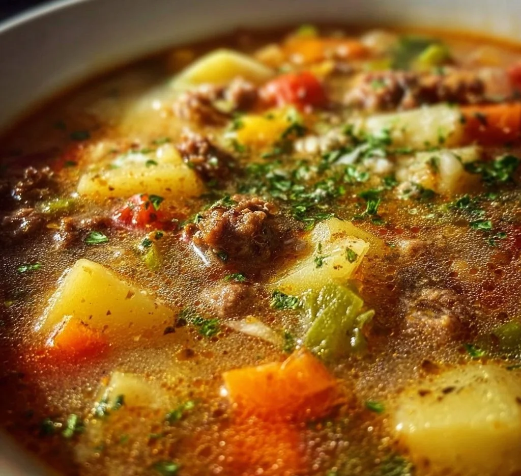 Bowl of creamy Hamburger Potato Soup with ground beef and potatoes