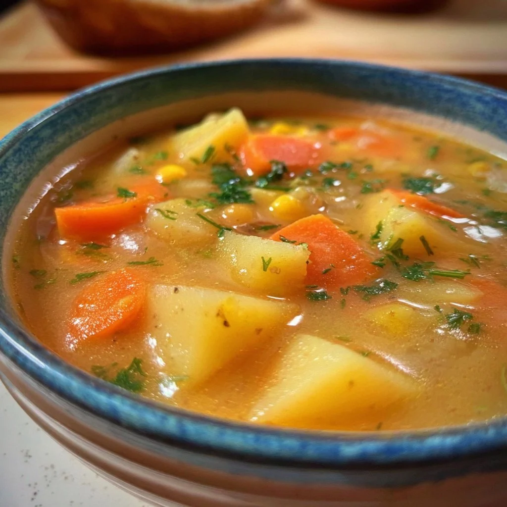 Harvest potato soup served in a rustic bowl, garnished with fresh herbs.