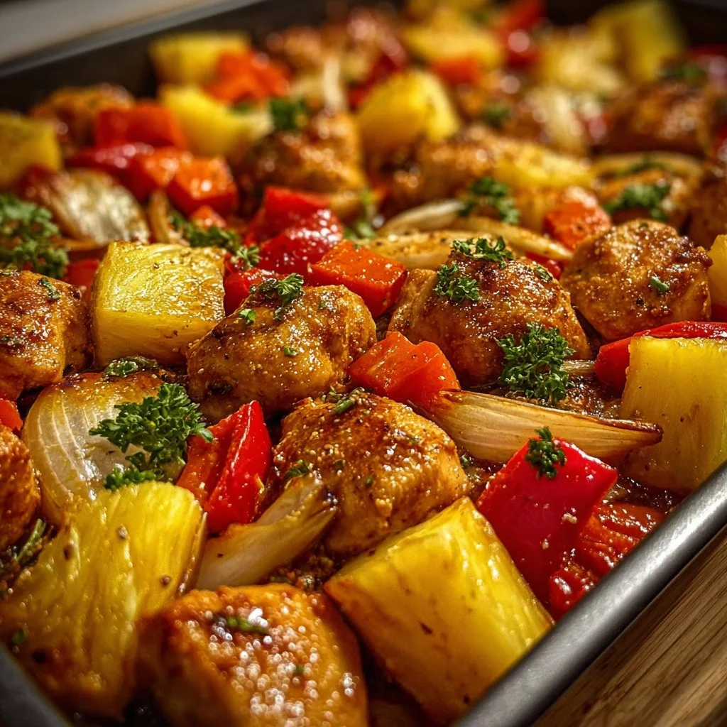 Hawaiian chicken sheet pan dinner with colorful vegetables on a baking tray.