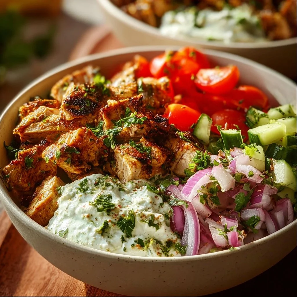 Healthy chicken gyro bowls with fresh vegetables and tzatziki sauce