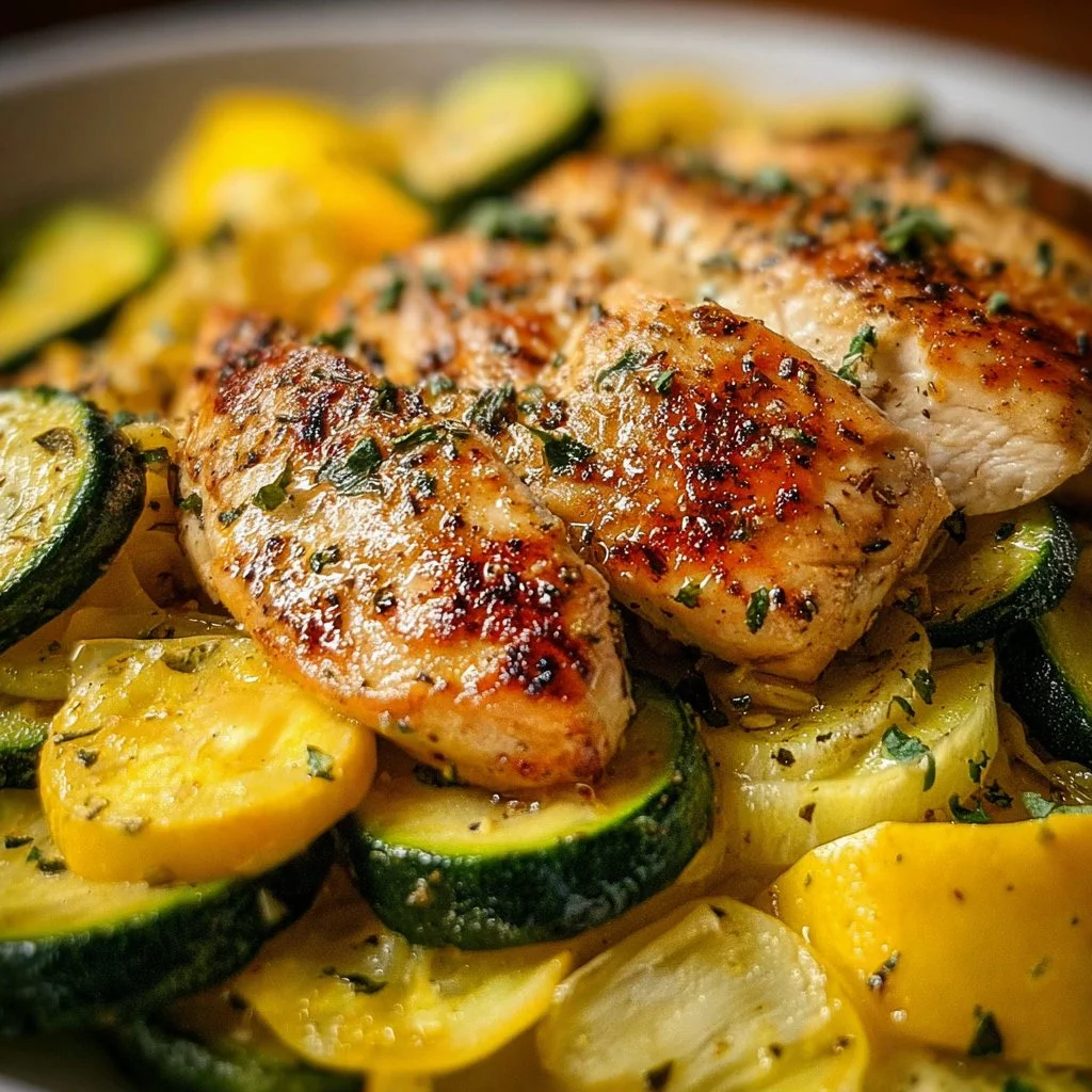 Healthy chicken breast with sautéed zucchini and squash on a plate