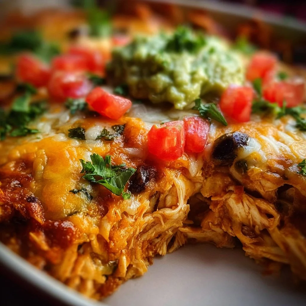 Healthy chicken burrito casserole topped with fresh vegetables and cheese