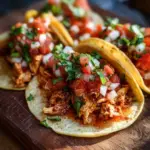 Healthy crockpot chicken tacos served with fresh salsa