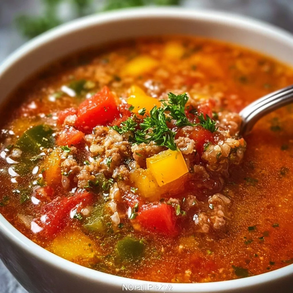 Healthy Crockpot stuffed pepper soup with colorful vegetables in a bowl