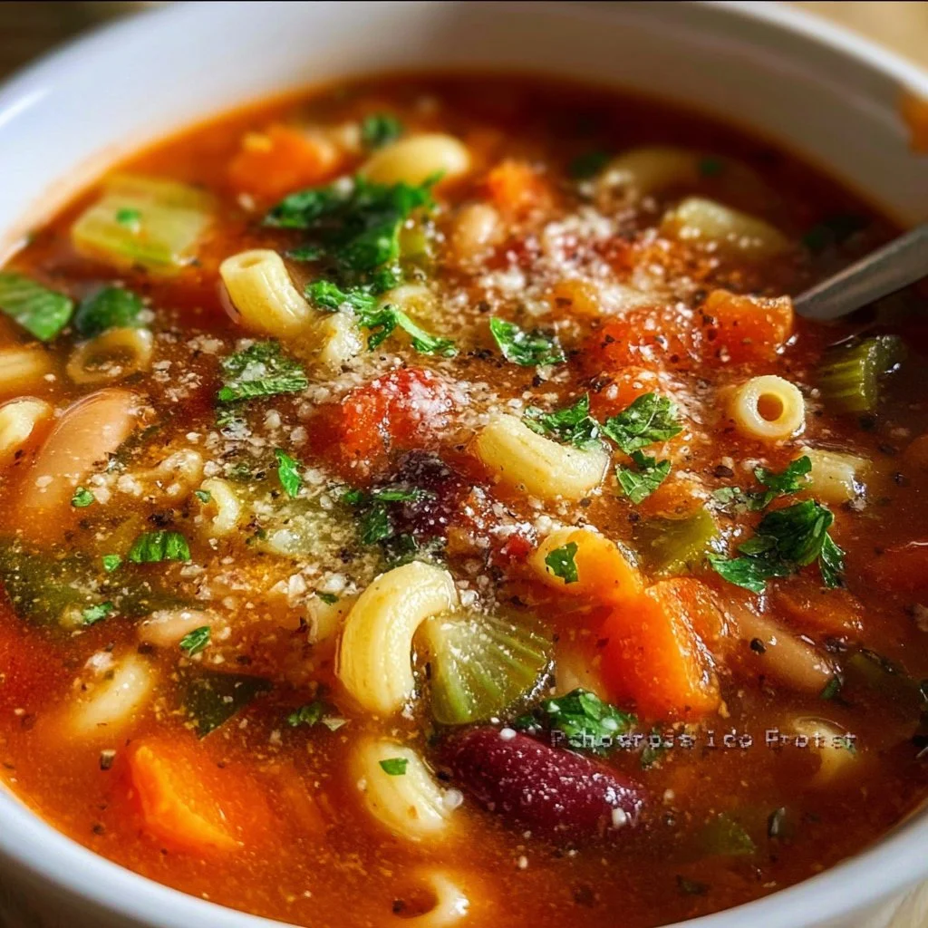 Bowl of hearty classic minestrone soup with fresh vegetables and herbs
