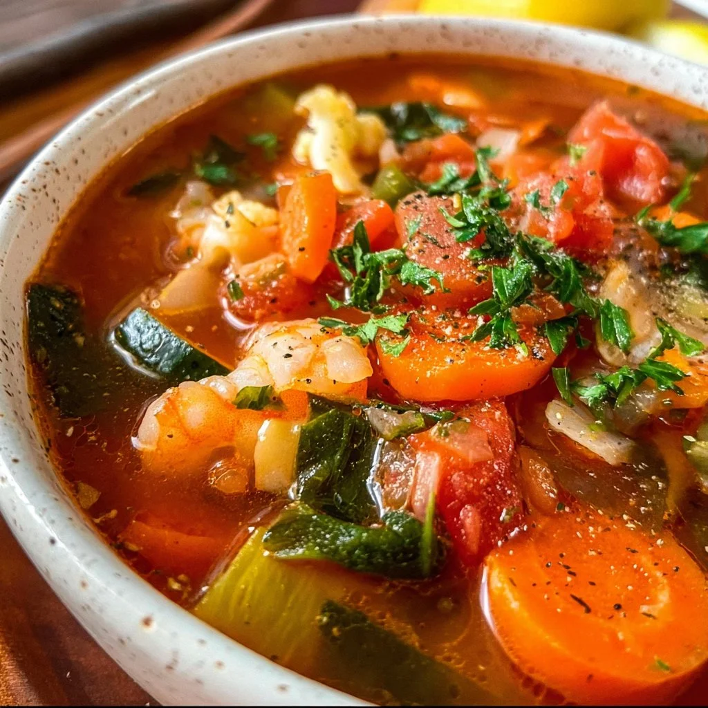 Bowl of hearty vegetable soup with colorful vegetables and herbs