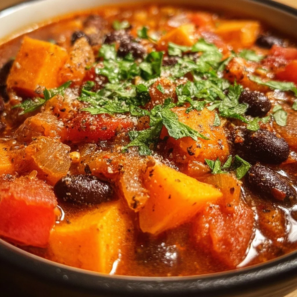 A bowl of hearty vegetarian chili filled with colorful beans and vegetables.