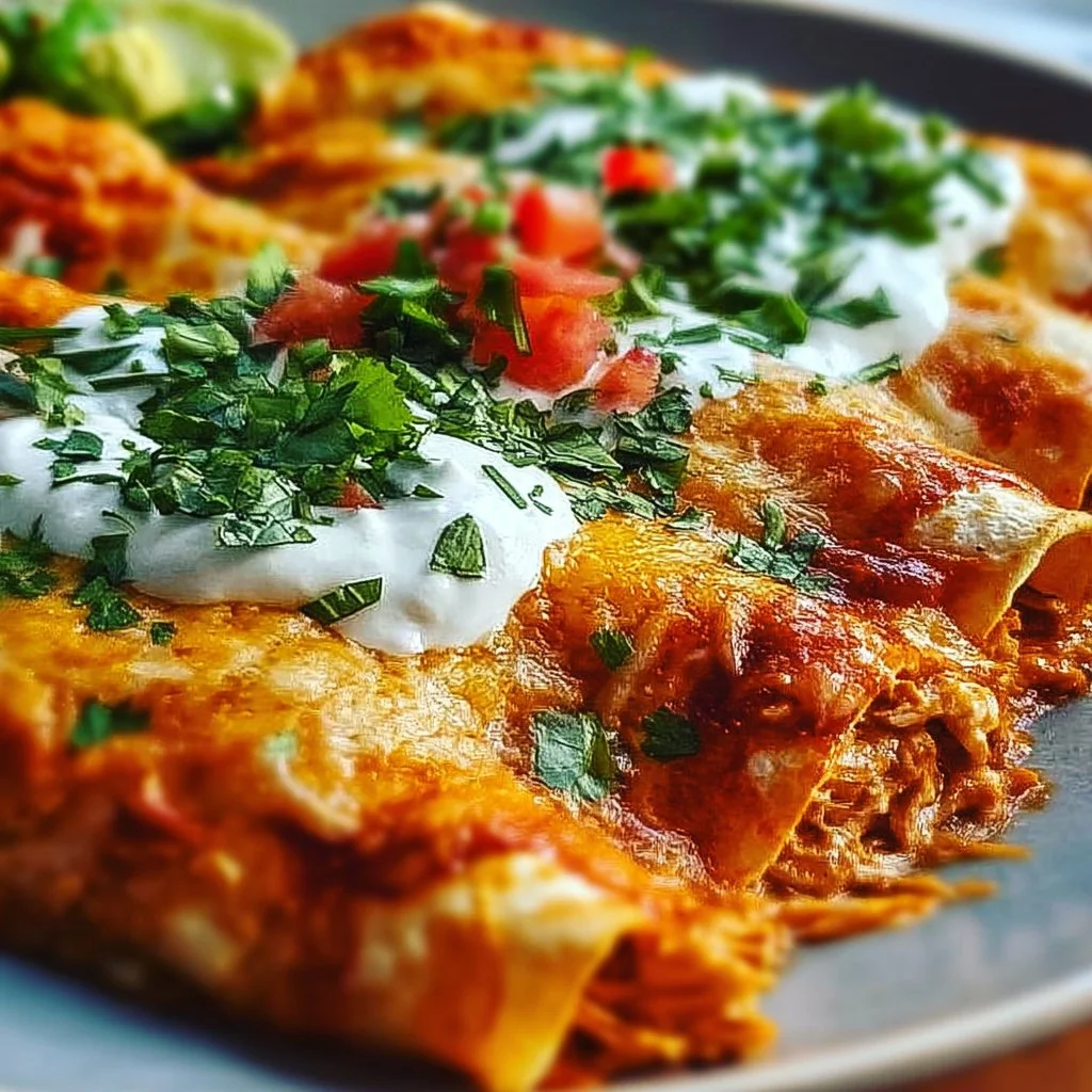 High protein creamy chilli chicken enchiladas served on a plate with toppings.