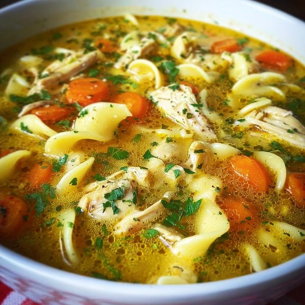 Bowl of homemade chicken noodle soup with vegetables and herbs