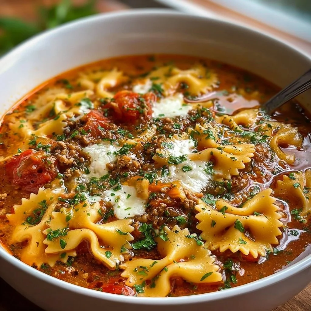 Bowl of homemade lasagna soup with bow tie pasta and herbs on top