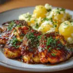 Honey BBQ Chicken served with creamy garlic parmesan potatoes on a plate.