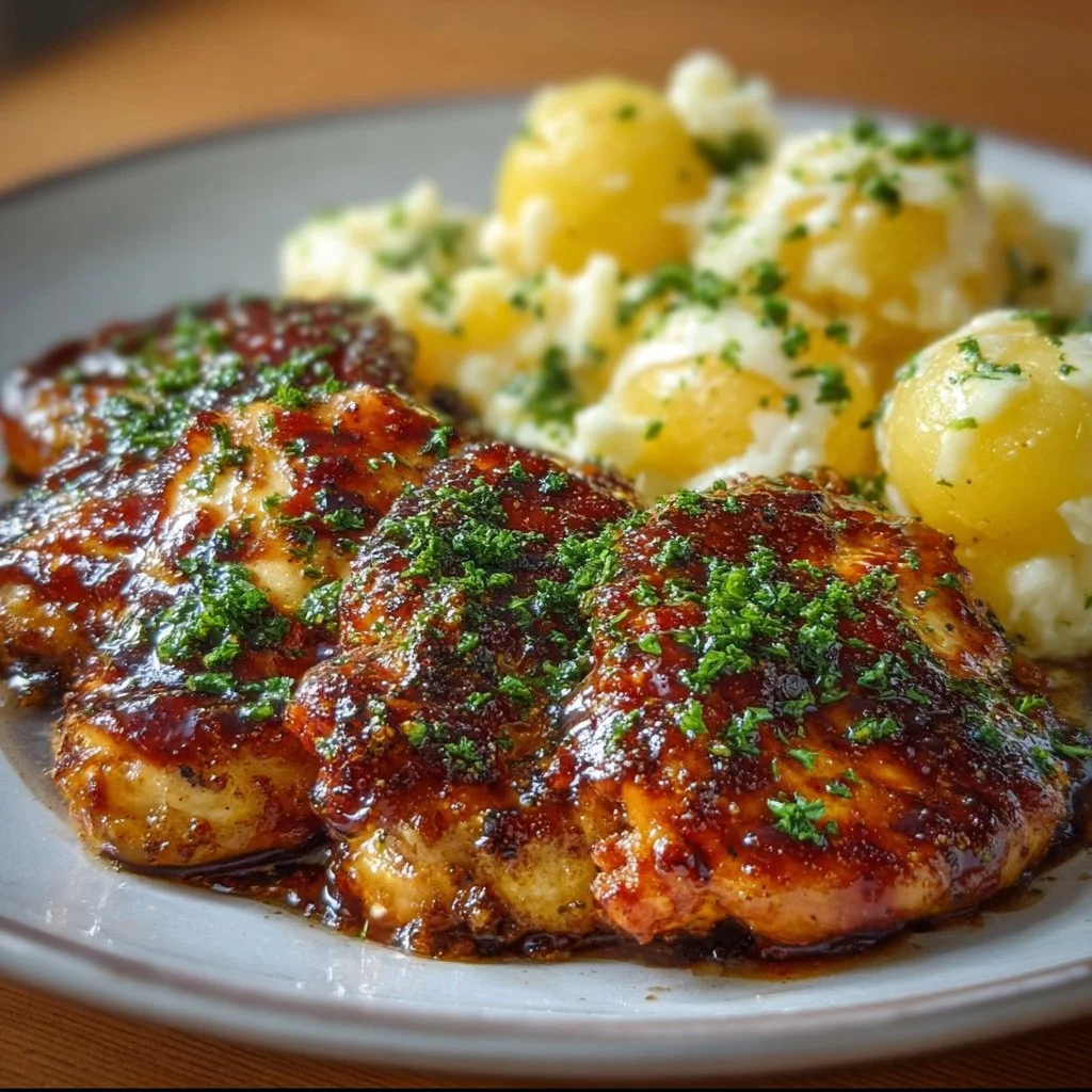 Honey BBQ Chicken served with creamy garlic parmesan potatoes on a plate.