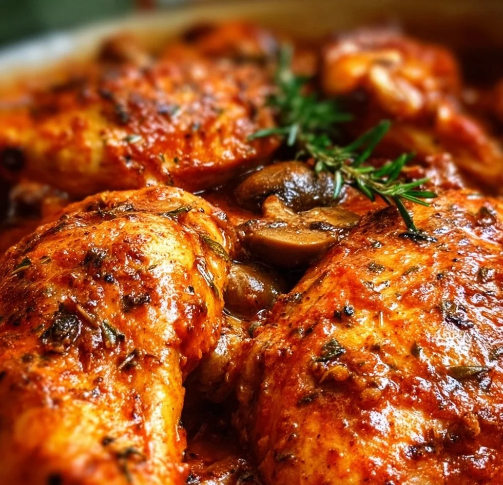 Plate of Hunter's Chicken with creamy sauce and herbs