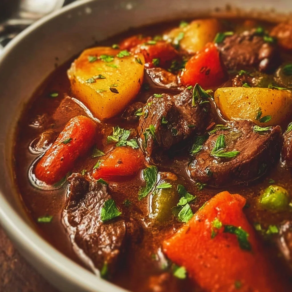Delicious Instant Pot beef stew served in a bowl with fresh herbs.