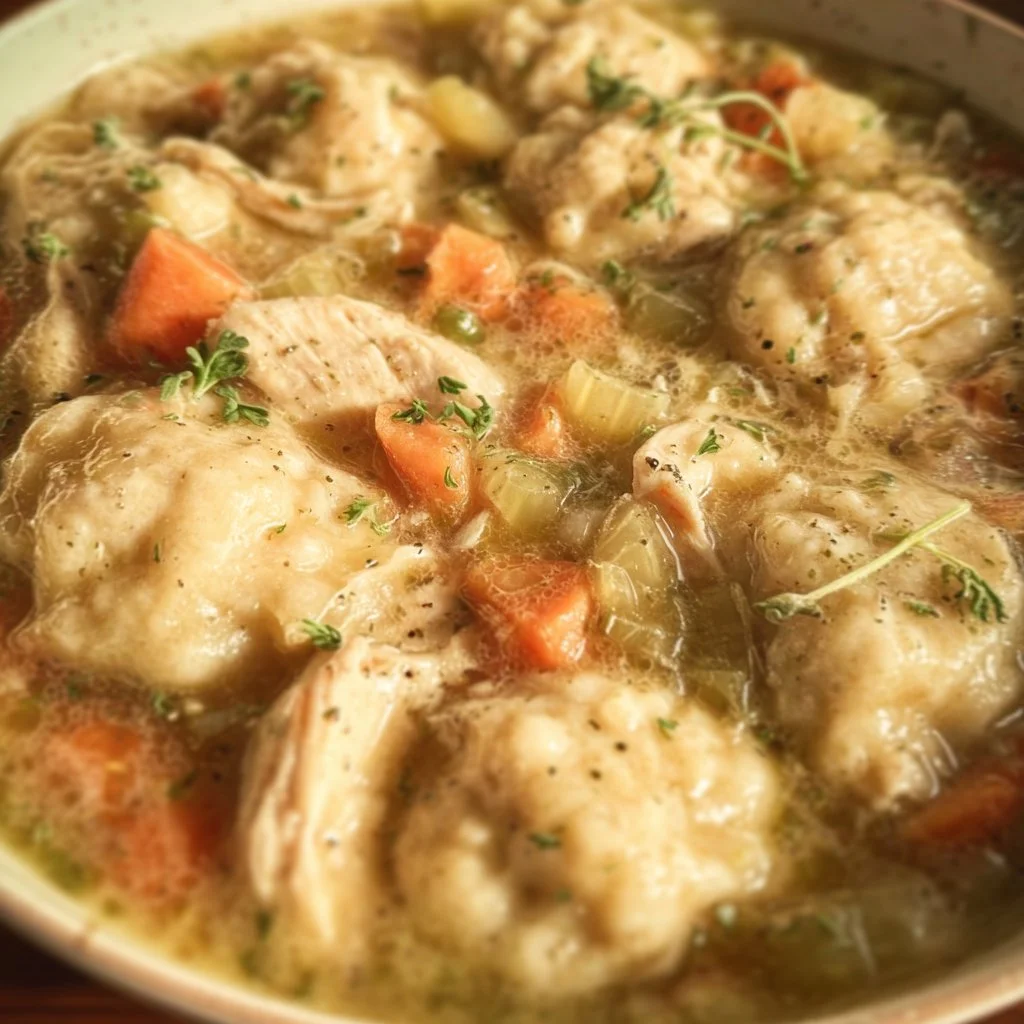 Bowl of Instant Pot chicken and dumplings with herbs and vegetables