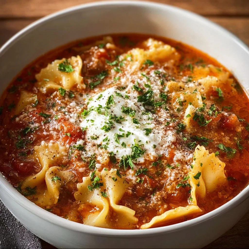 Bowl of Instant Pot Lasagna Soup topped with cheese and herbs.
