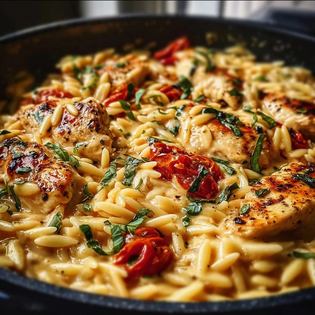 Creamy Tuscan Chicken Orzo garnished with herbs in a bowl