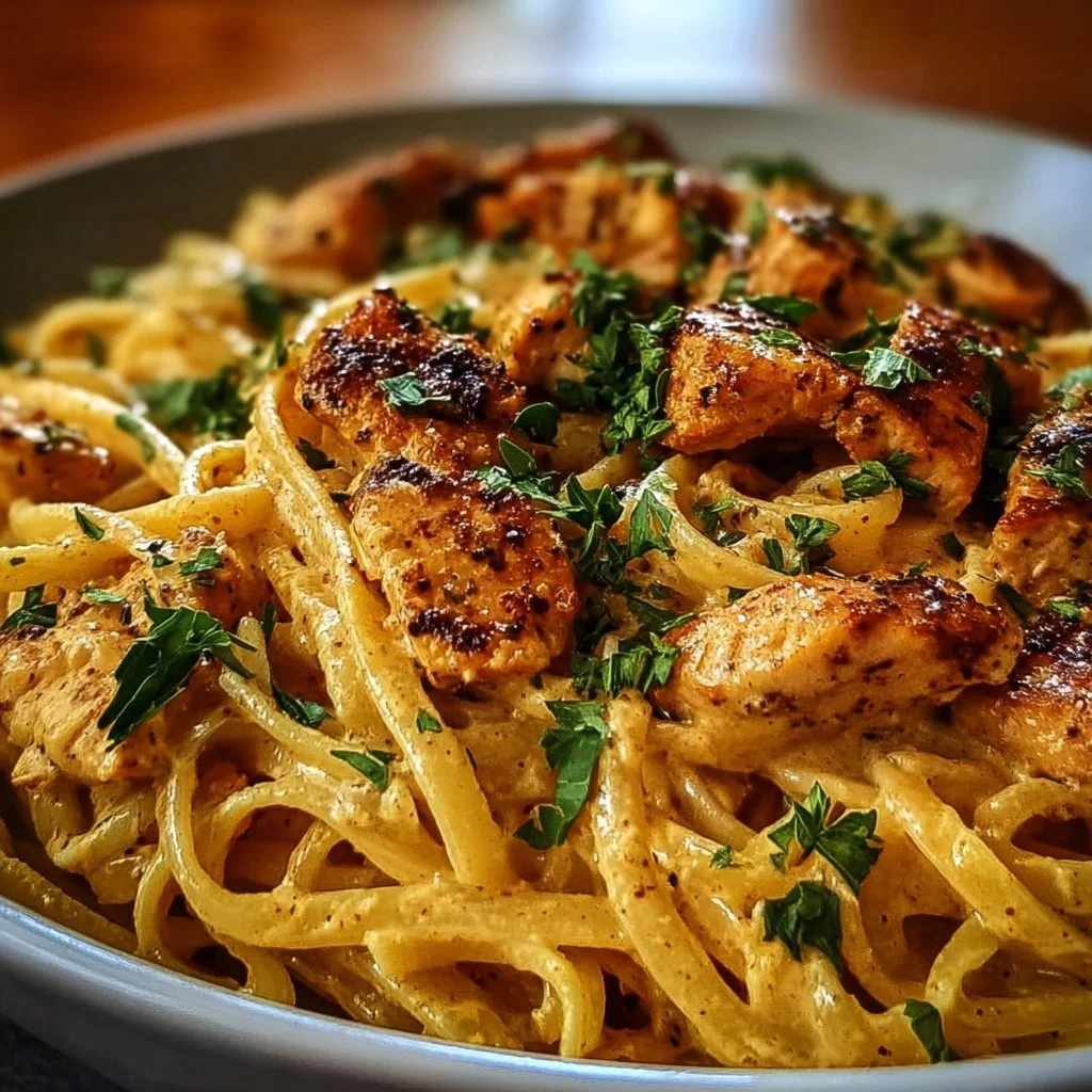 Plate of Cowboy Butter Chicken Linguine garnished with herbs