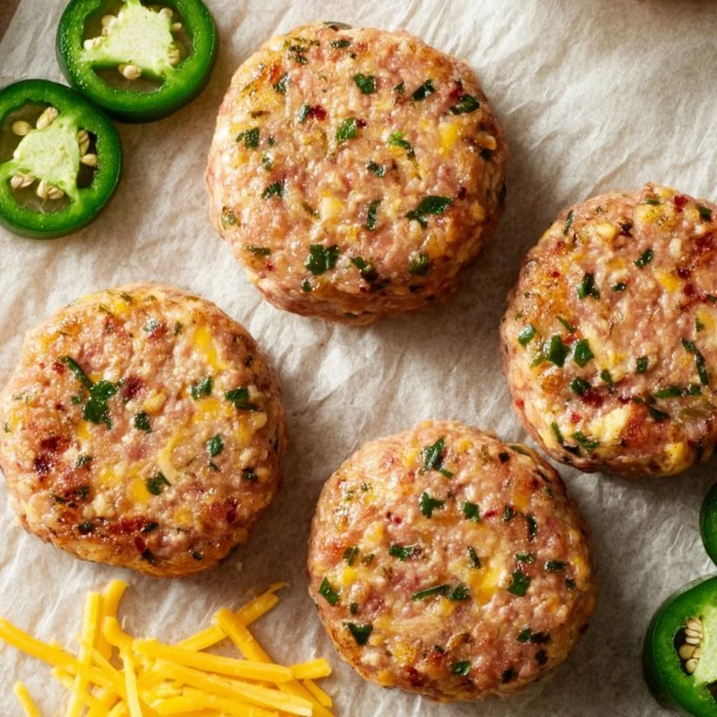 Jalapeño Cheddar Turkey Burger on a grill with fresh toppings