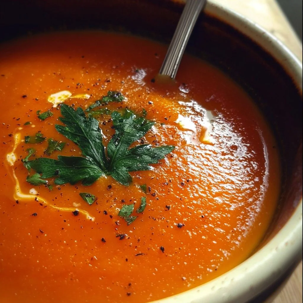 Bowl of Jan's vegan carrot soup garnished with herbs and served with bread