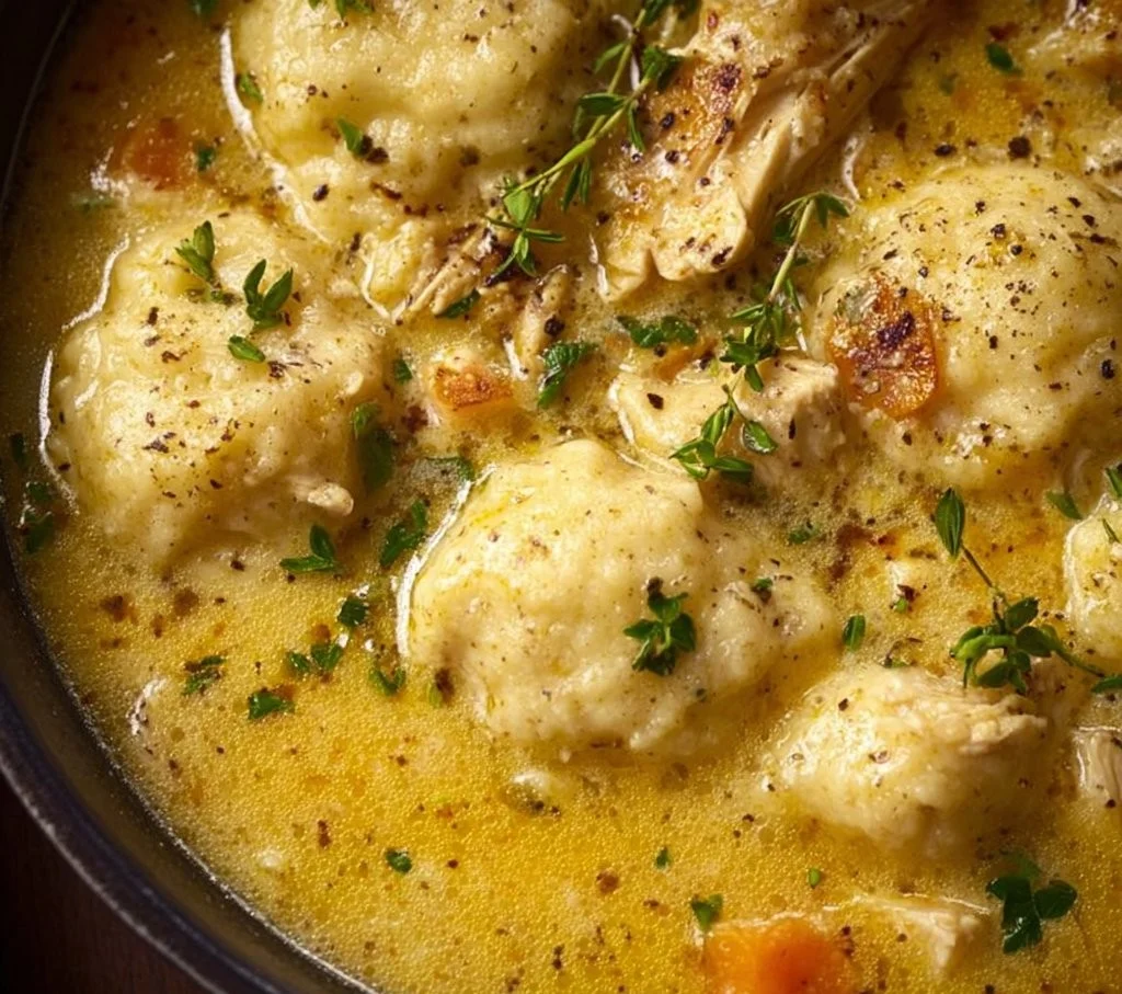 Keto chicken and dumplings in a bowl with herbs and spices