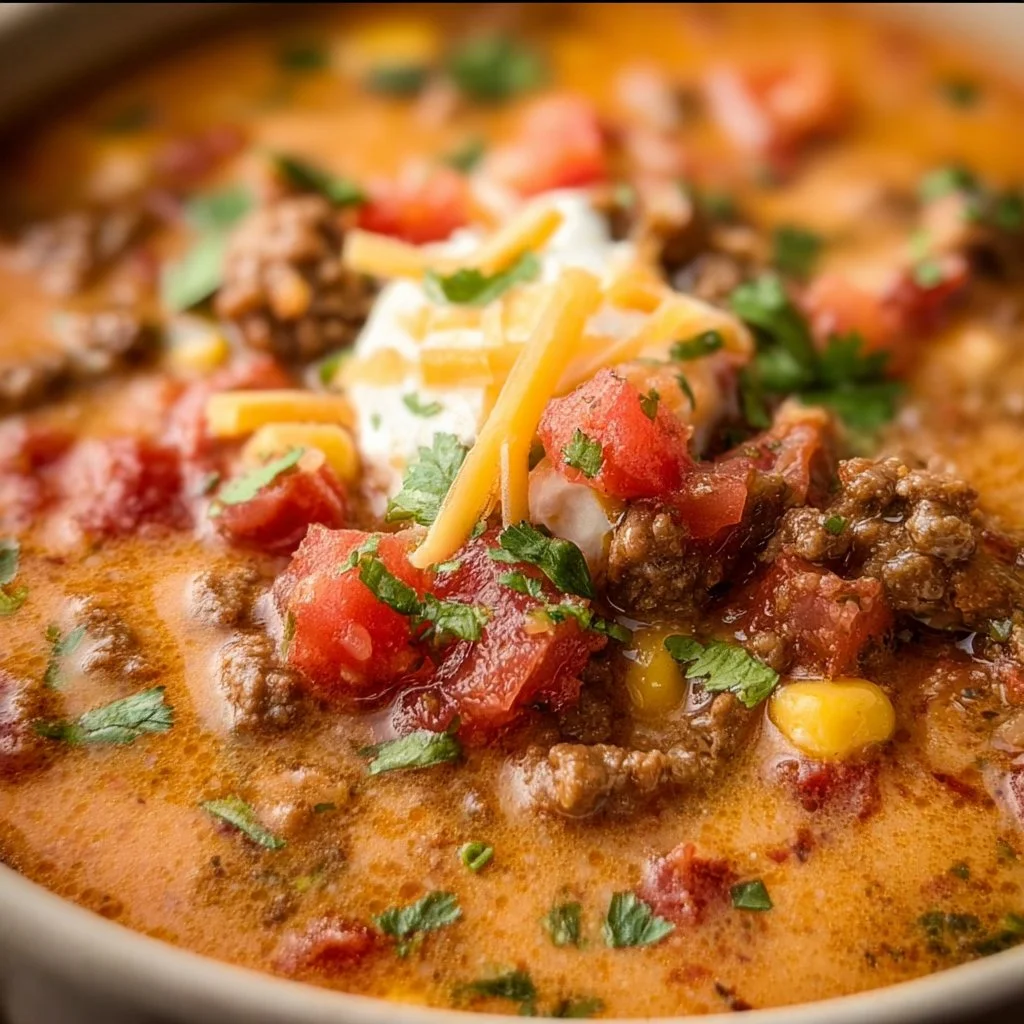 Delicious Keto Taco Soup garnished with cheese and avocado