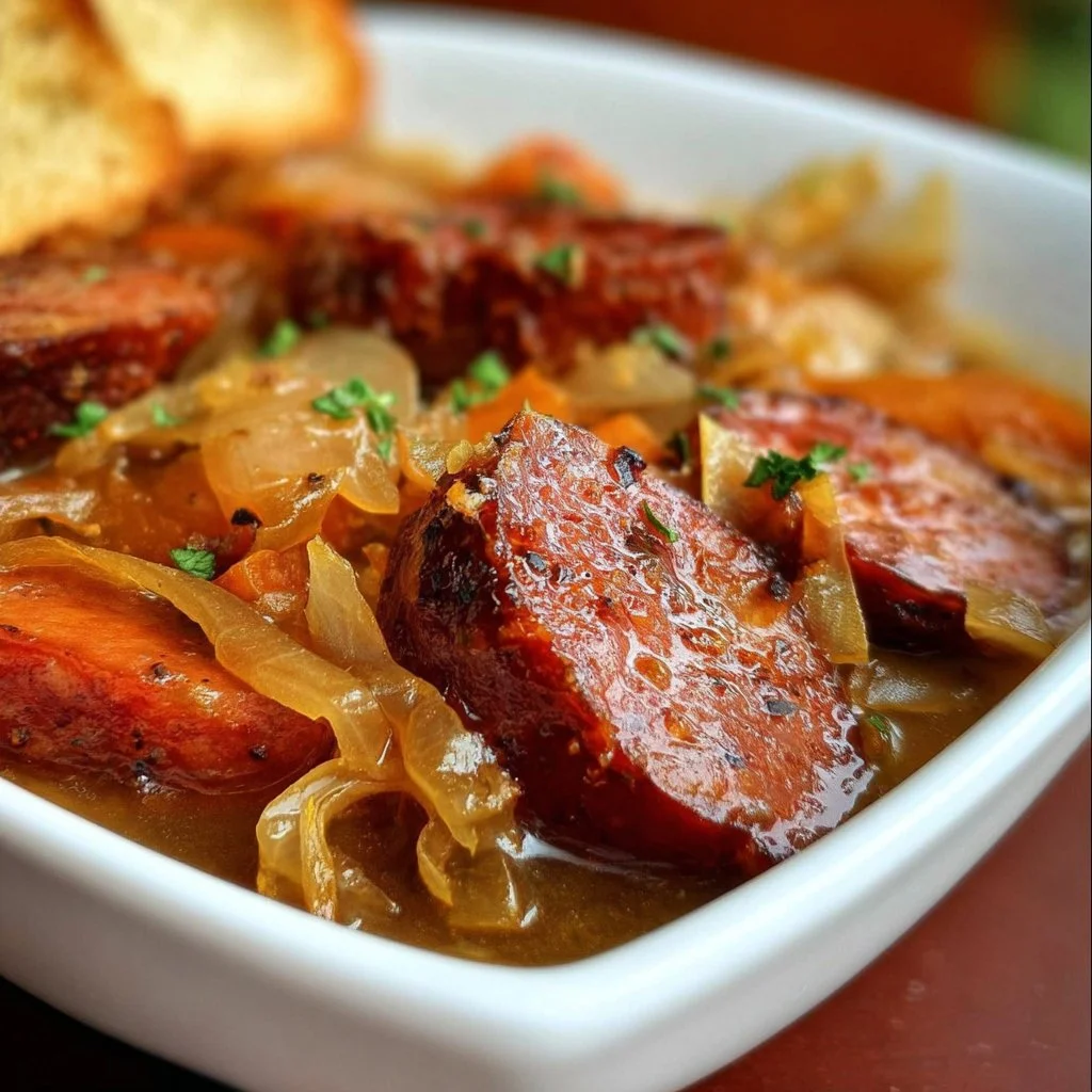 Bowl of Kielbasa Onion Soup with fresh herbs and crusty bread on the side