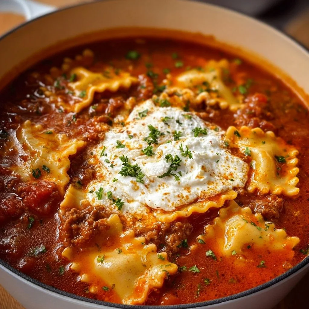 A delicious bowl of Lasagna Soup topped with cheese and herbs