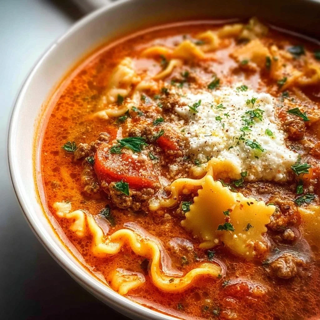 A delicious bowl of Lasagna Soup topped with cheese and herbs