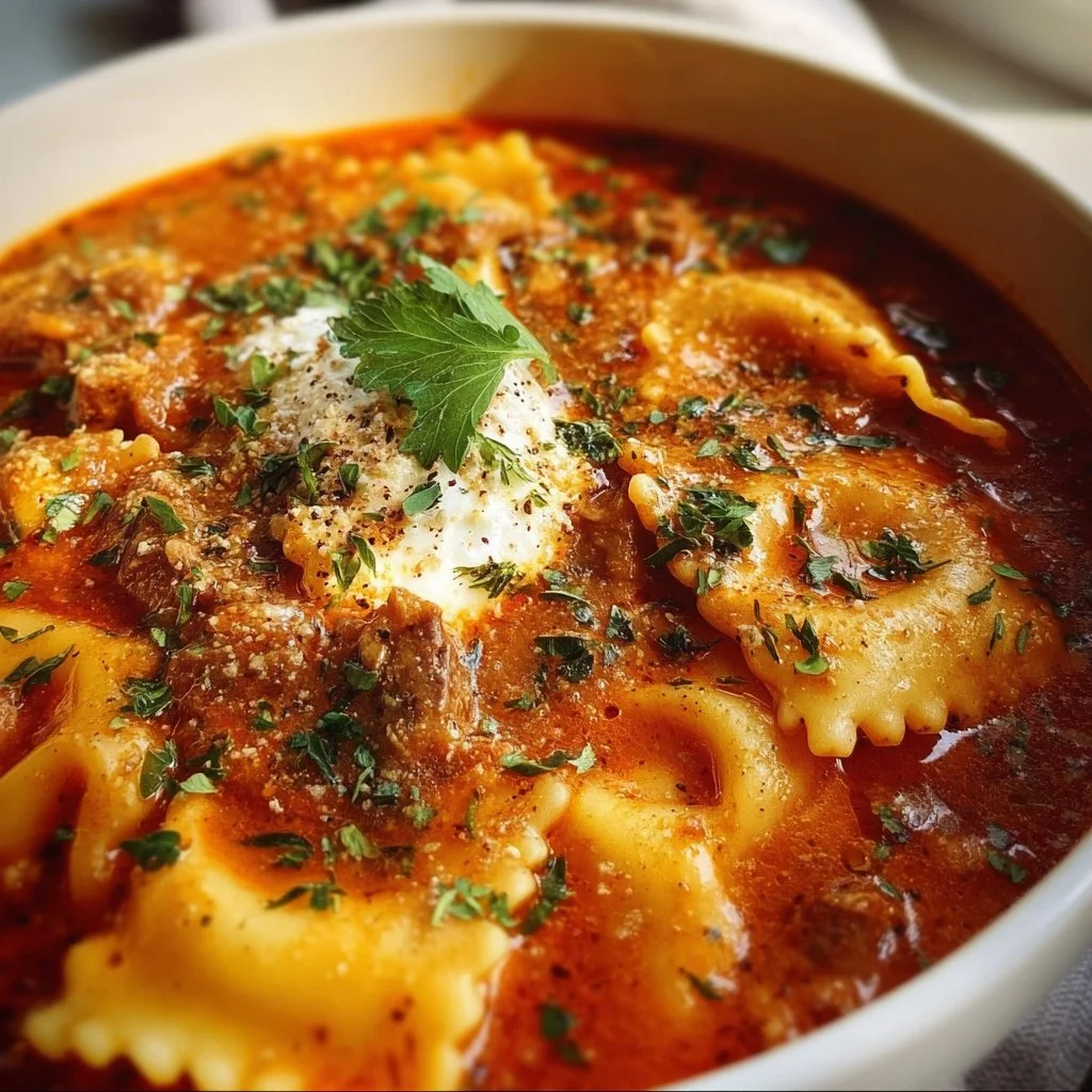 Bowl of delicious Lasagna Soup garnished with cheese and parsley