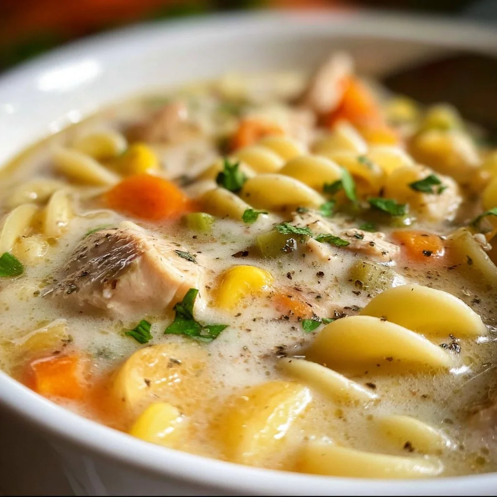Bowl of warm leftover turkey soup with vegetables and herbs