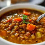 Bowl of hearty lentil soup topped with fresh herbs and served with bread.