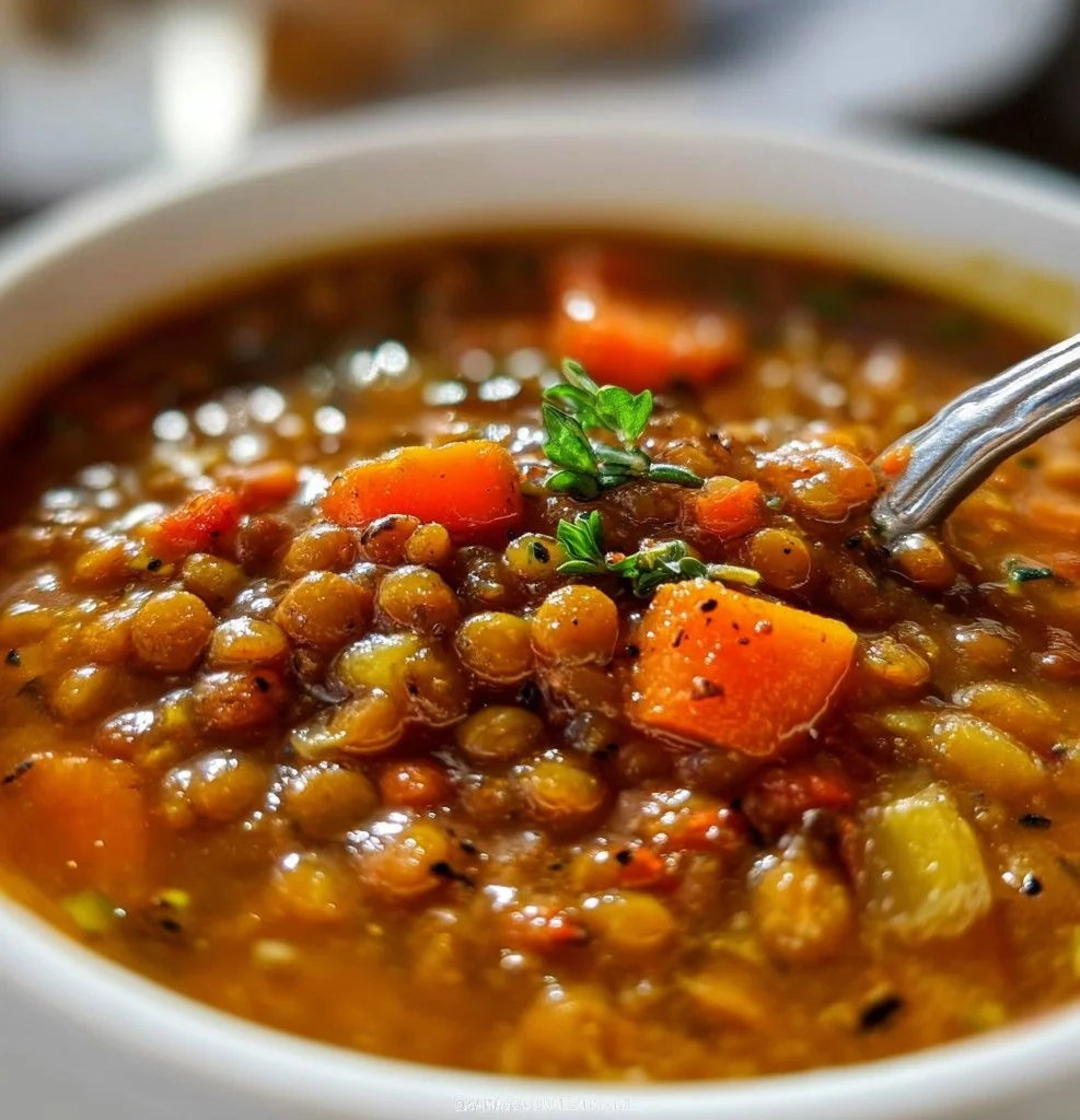 Bowl of hearty lentil soup topped with fresh herbs and served with bread.