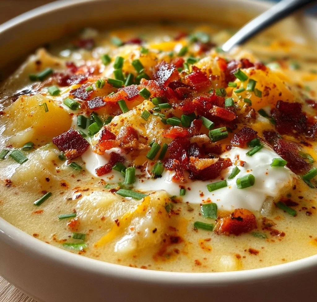 Delicious bowl of loaded baked potato soup topped with cheese and bacon