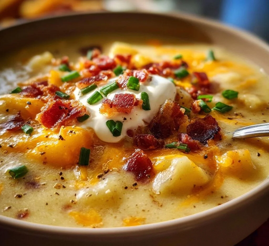 Delicious loaded baked potato soup topped with cheese and chives