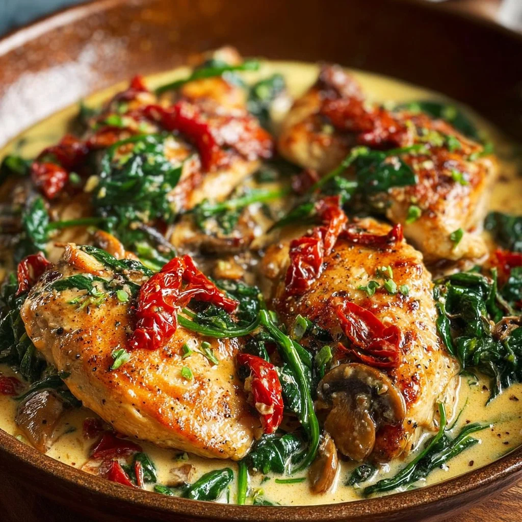Delicious low carb creamy Tuscan chicken with spinach and sun-dried tomatoes