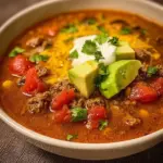 Bowl of low-carb taco soup topped with fresh ingredients